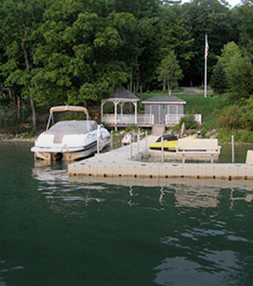 View dock and family boat from the water