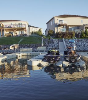 Docks in a residential area behind houses