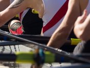 Rowing team in boat beside dock