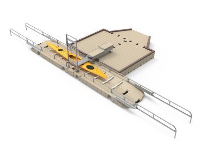 CAD view overhead of yellow kayak on launch