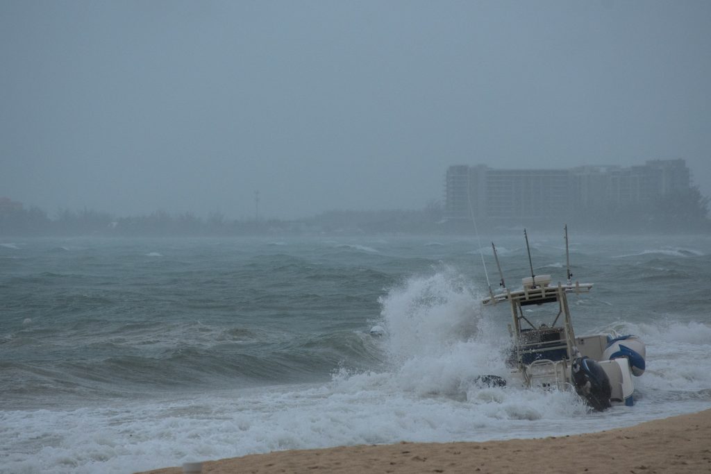 Boat on beach during storm