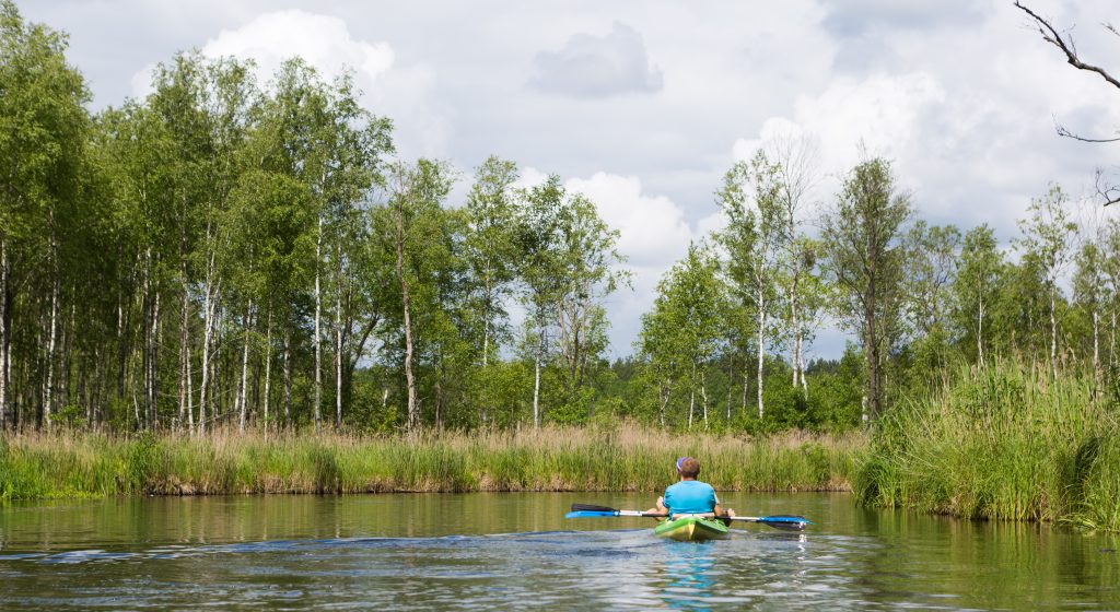 Man canoeing down a river