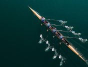 A male rowing team rows in teal water